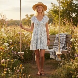 No Boundaries NEW Floral Babydoll Dress Cottagcore Boho Romantic Ribbed Mini M